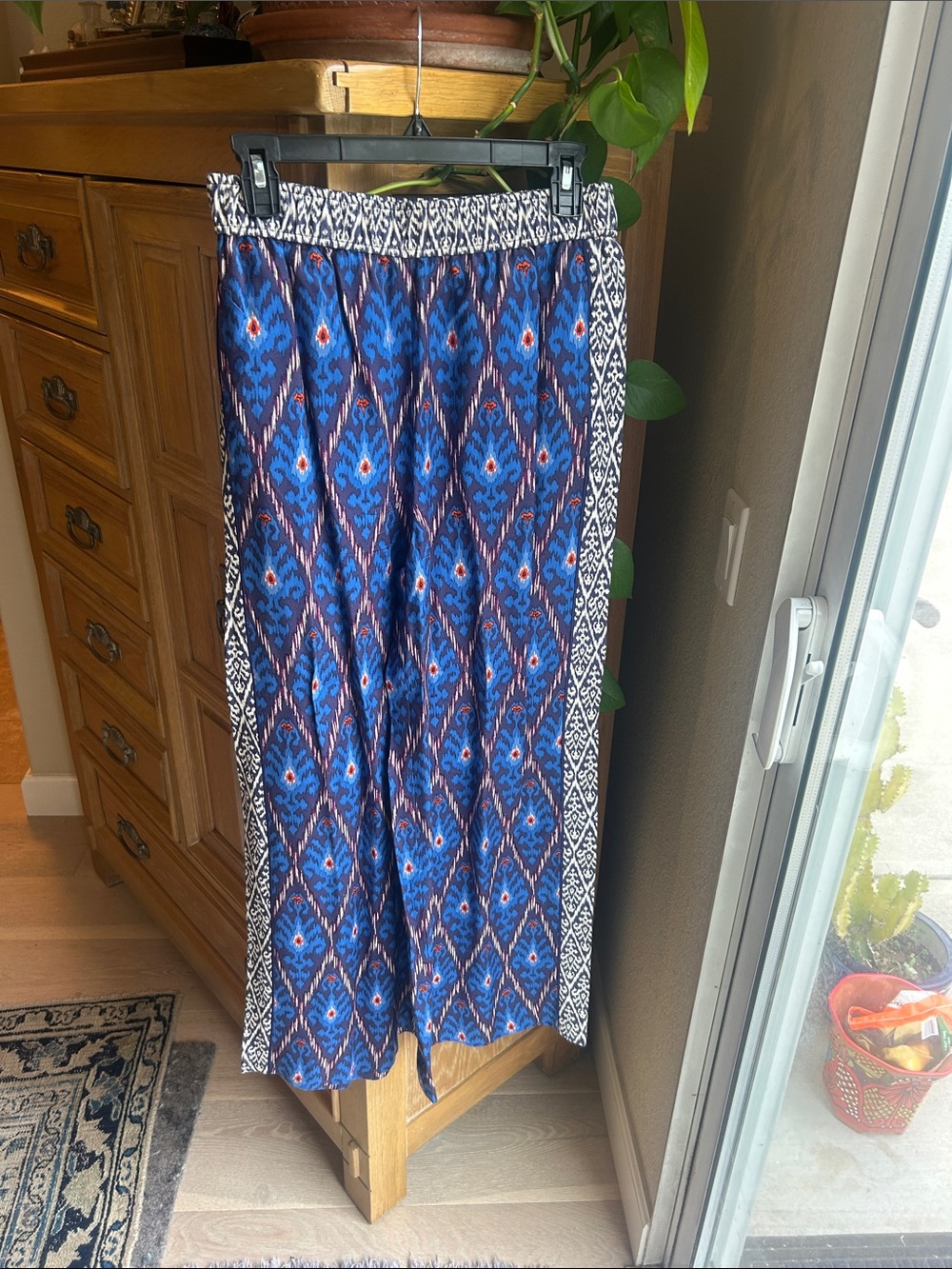 By Anthropologie Blue Patterned wide leg pants with Side Trim
